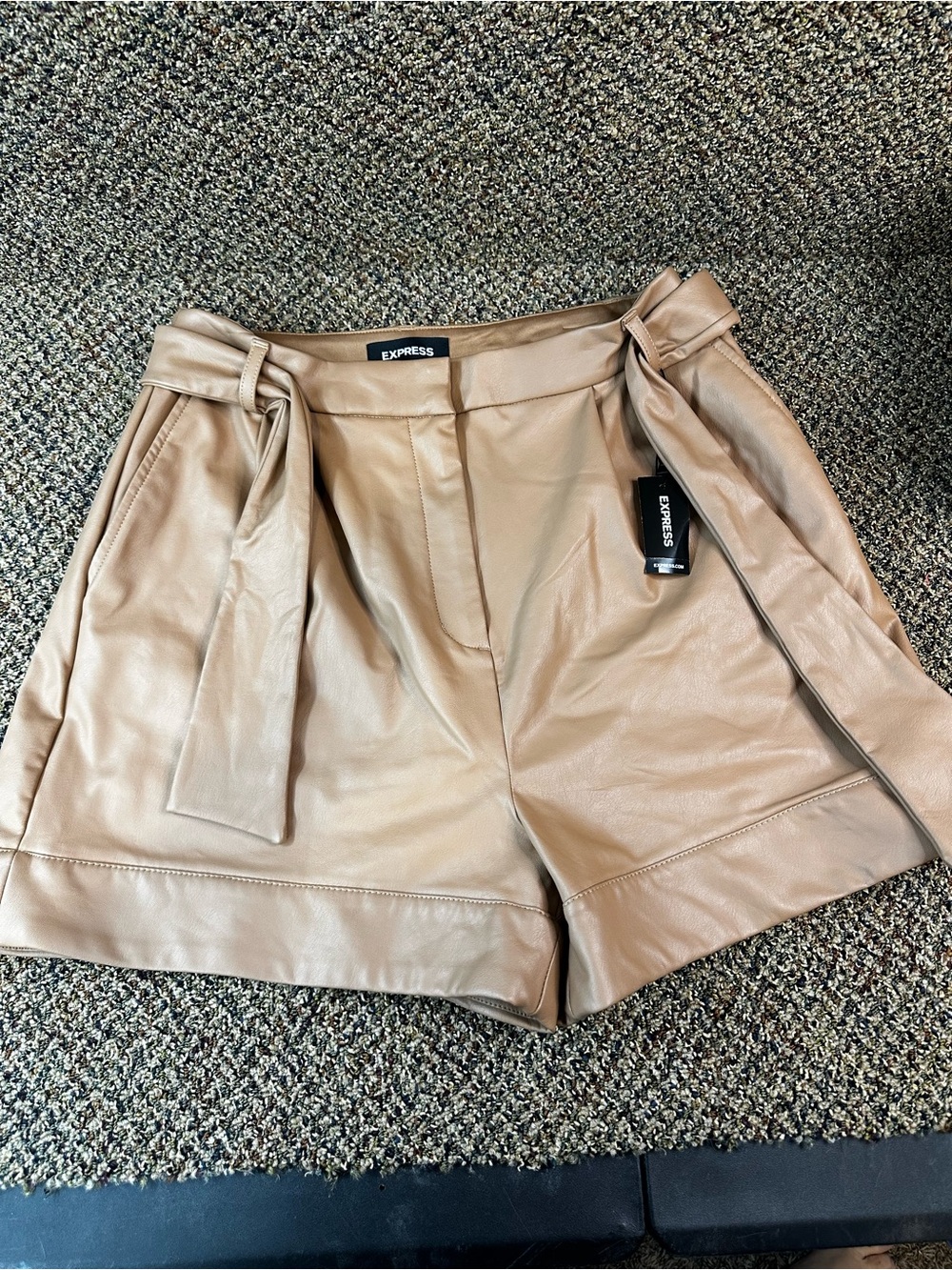 Express Faux Leather Paperbag Waist Shorts in Tan